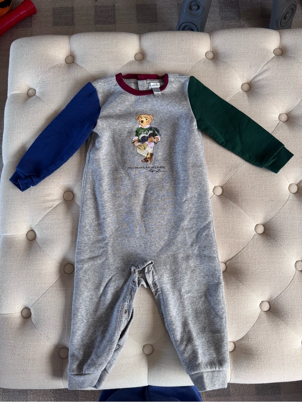 Ralph Lauren Grey Footie One-Piece with Blue & Green Sleeves